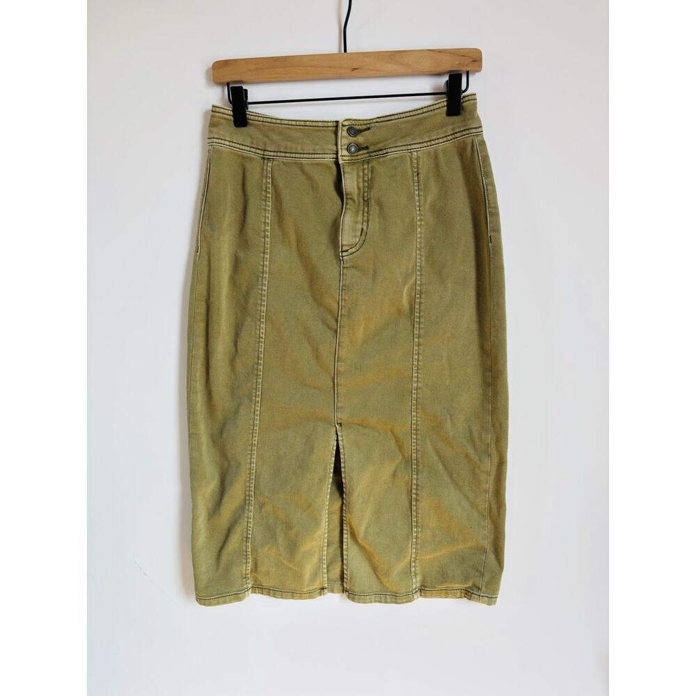 Free People Midi Denim Jean Skirt Front Slit Western Boho Olive Green 29